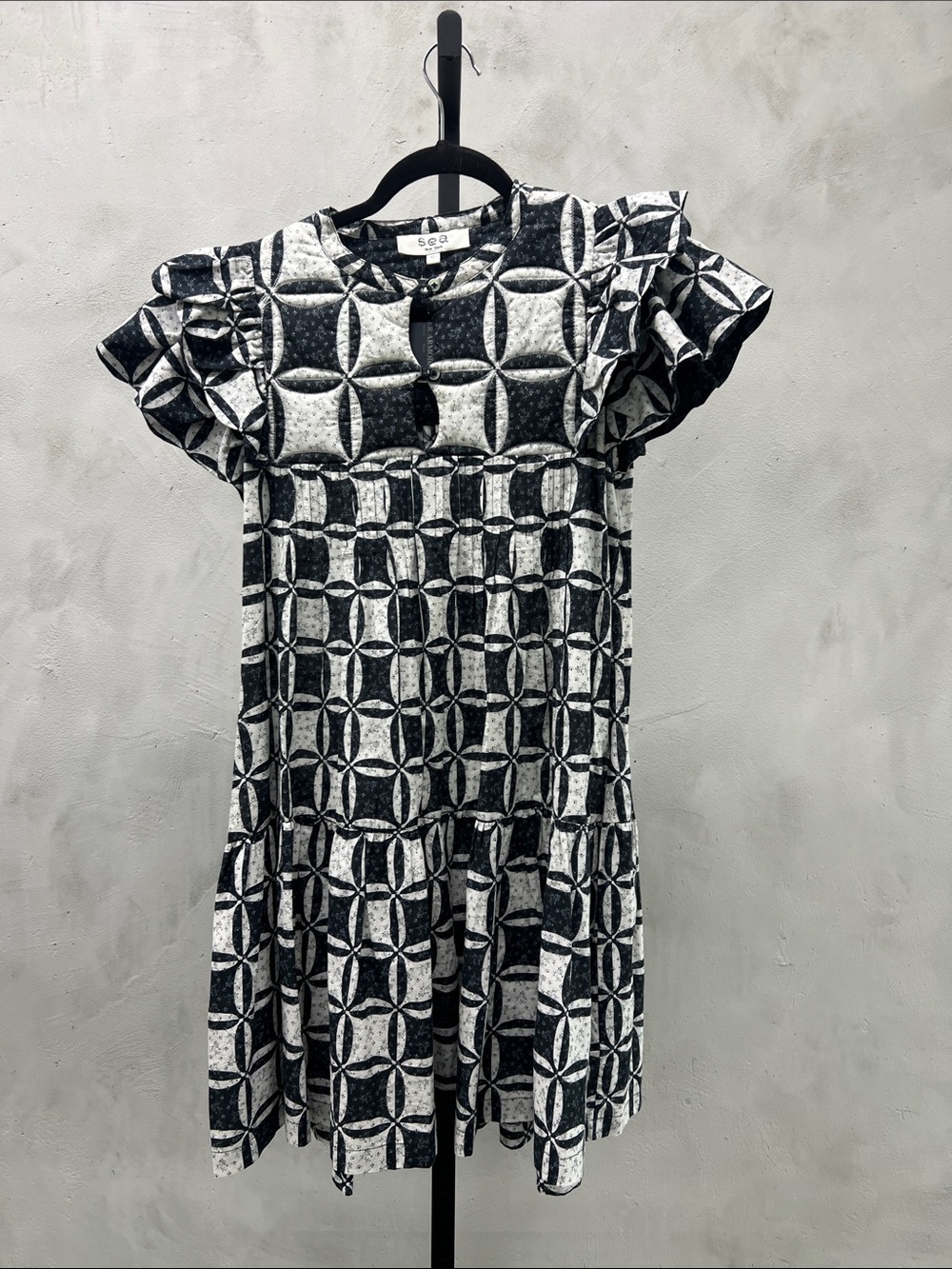 Sea New York Black and White Geometric Ruffle Sleeve Dress